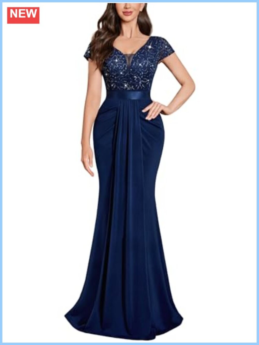 Lace Sequin V-Neck Pleated Formal Evening Maxi Dress